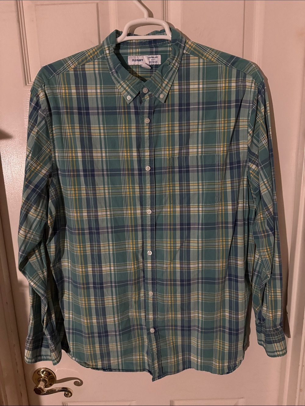 Old Navy Teal and Yellow XXXL Tall Slim Fit Plaid Button-Down Shirt